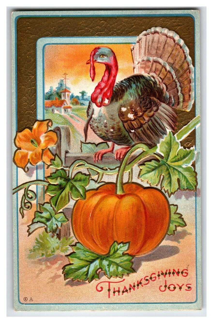 Vintage 1910 Thanksgiving Turkey Pumpkin Embossed Postcard E.N. Ashworth